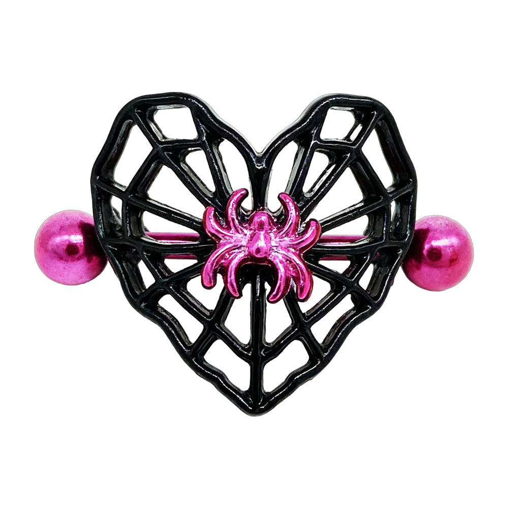 Front view of a black heart spider web nipple shield with a pink spider and matching barbells.