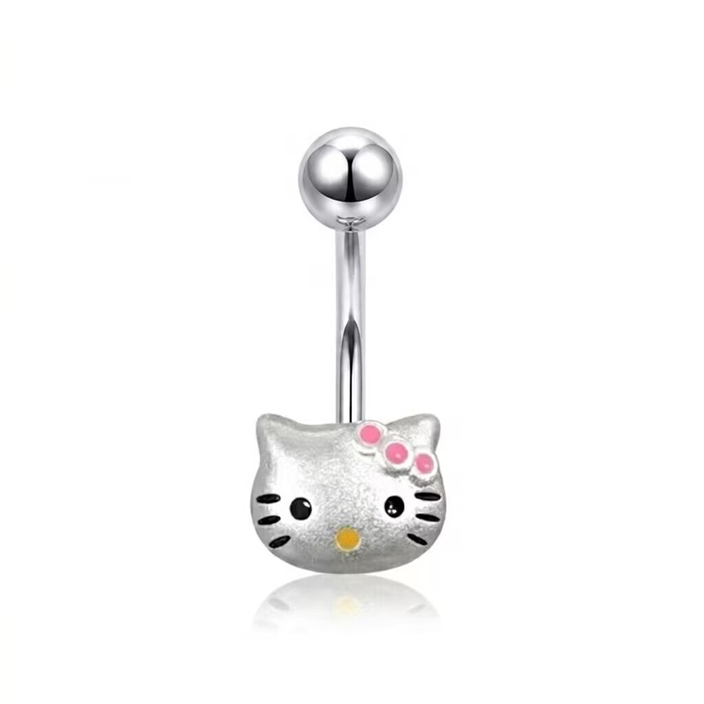 Classic silver Hello Kitty belly button ring with signature bow detail and a polished top ball.