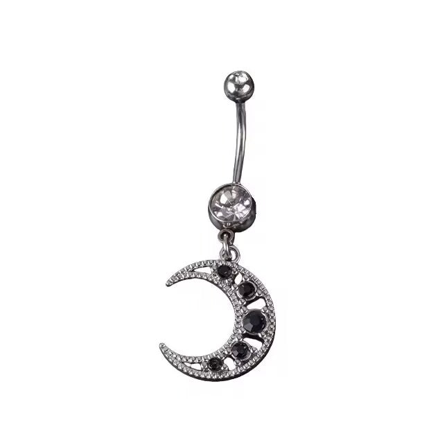 Vintage silver hollow filigree crescent moon navel ring decorated with black crystal rhinestones.