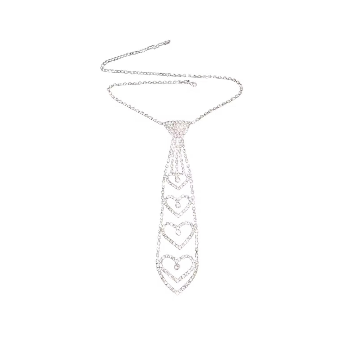 Silver rhinestone tie necklace with hollow heart shape details on a pure white background.