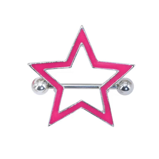 Front view of a hot pink enamel star nipple shield with silver barbell.