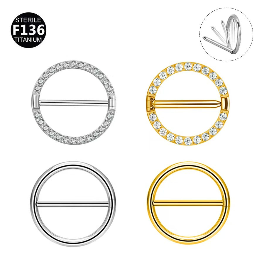 Four styles of F136 titanium round nipple rings with a diagram showing how the hinged segment clicker opens.