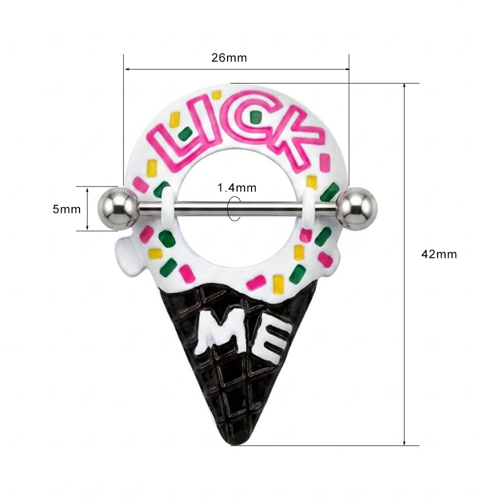 Size chart for ice cream nipple jewelry showing 42mm height and 1.4mm barbell thickness.