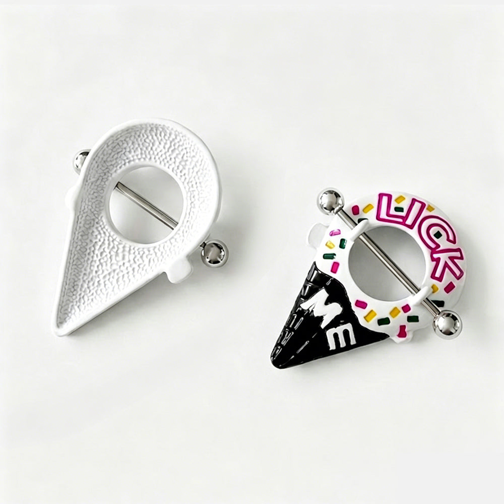 Back and angled side view of the ice cream cone nipple shield piercing jewelry.