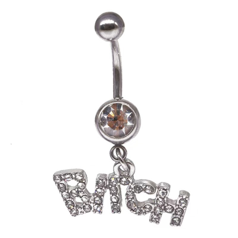Iced out silver navel ring with a sparkling clear crystal center and a matching white rhinestone Bitch statement word charm.
