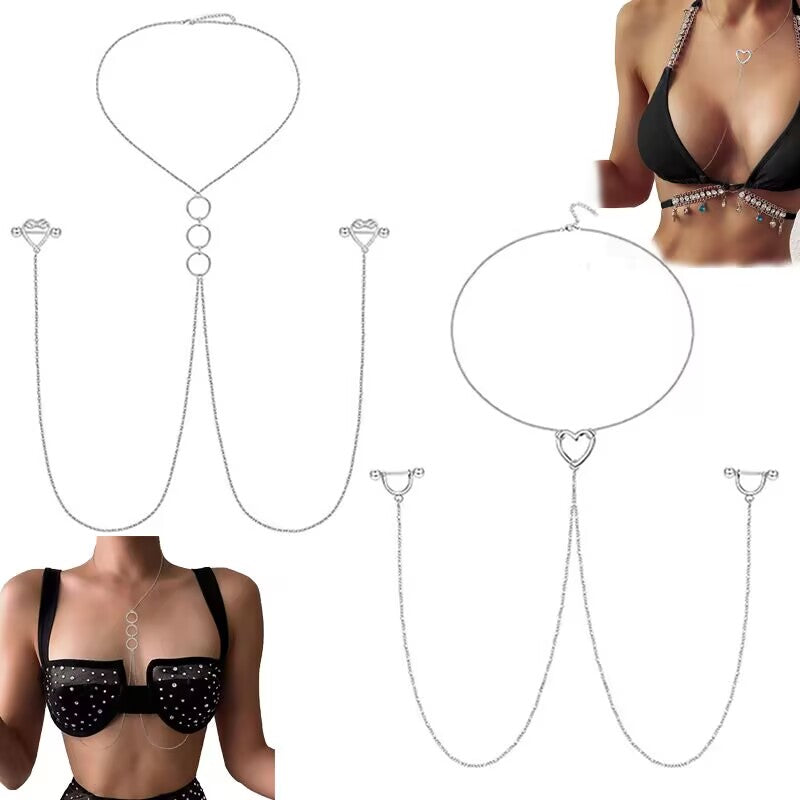 A split display showing two styles of silver nipple ring body chains, with small inlay images of female models wearing the choker chain with black lingerie and bikinis.