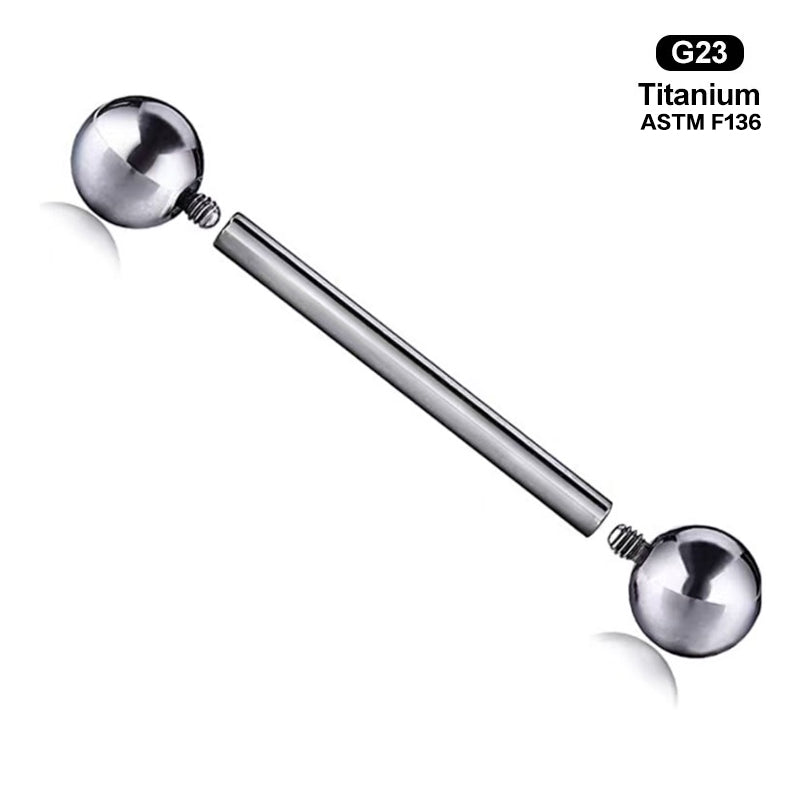 Exploded view of an internally threaded straight barbell with two detachable ball ends.