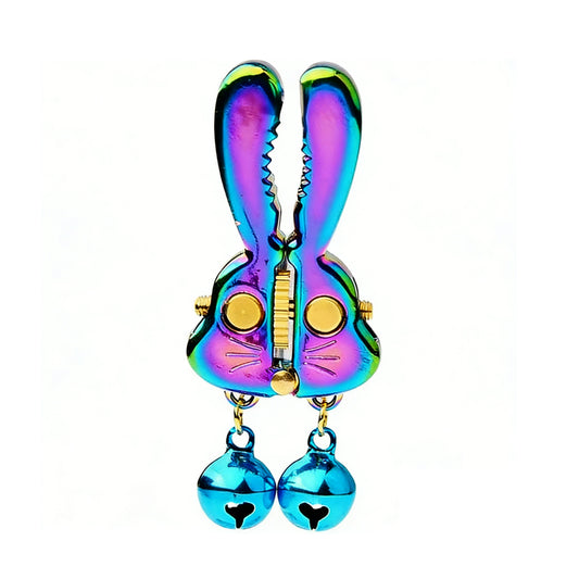 Single iridescent bunny-shaped nipple clamp with two blue jingling bells, front view.