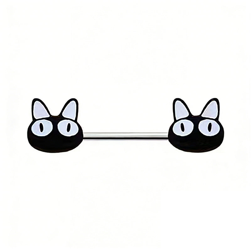 A pair of black cat head nipple rings with large white eyes and pointy ears on a silver straight barbell.