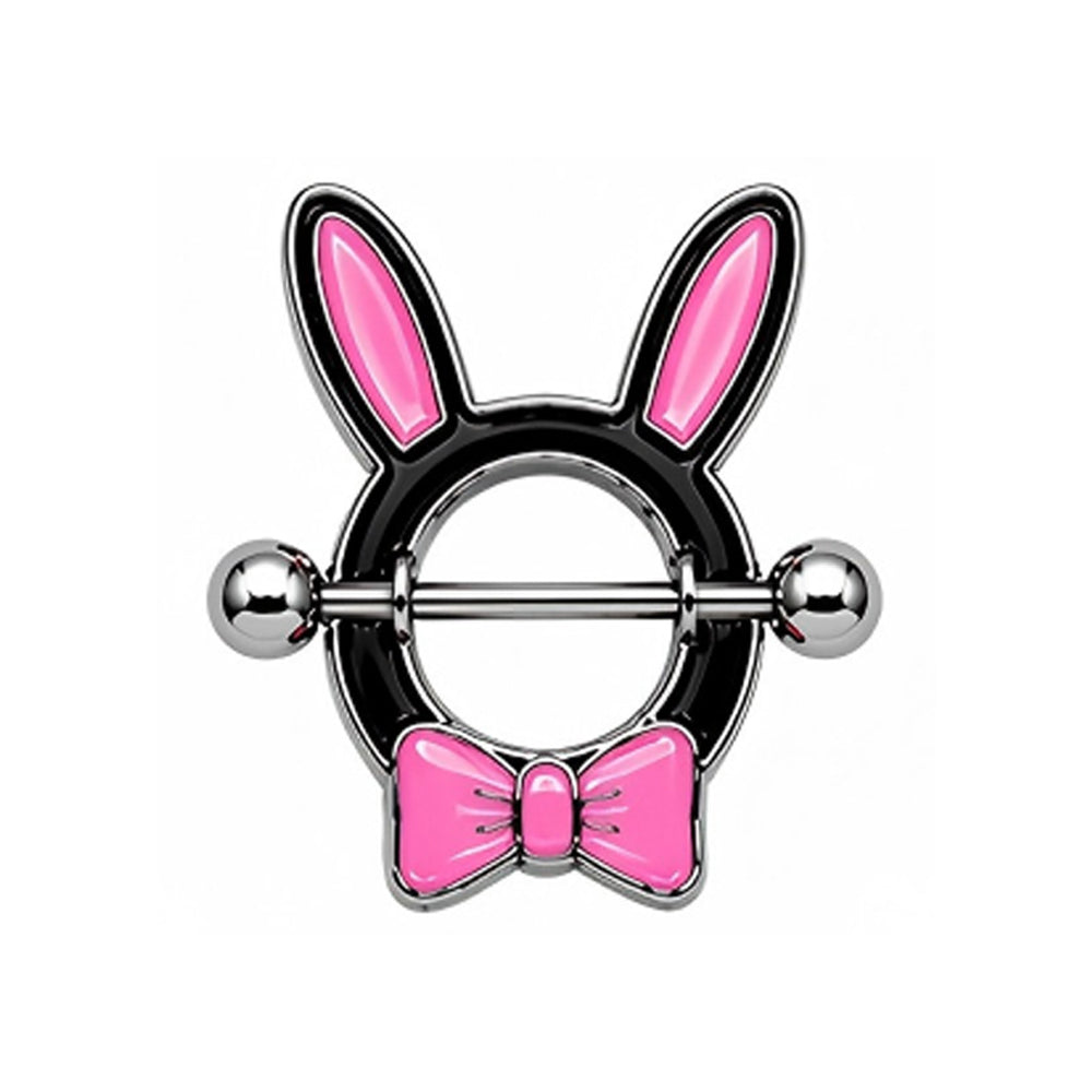 Front view of a black and pink bunny ear nipple shield with a small bowtie.