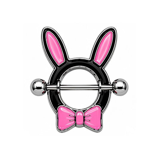 Front view of a black and pink bunny ear nipple shield with a small bowtie.