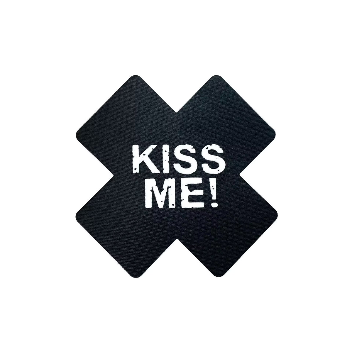 Kiss Me slogan printed on black cross adhesive nipple pasties for adults.