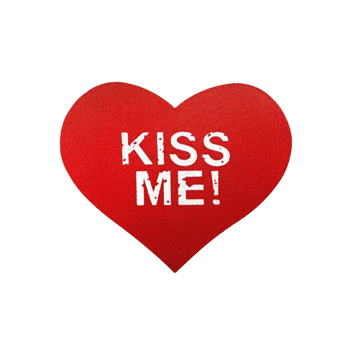 Red heart shaped nipple pasties with white Kiss Me print for Valentine and honeymoon outfits.