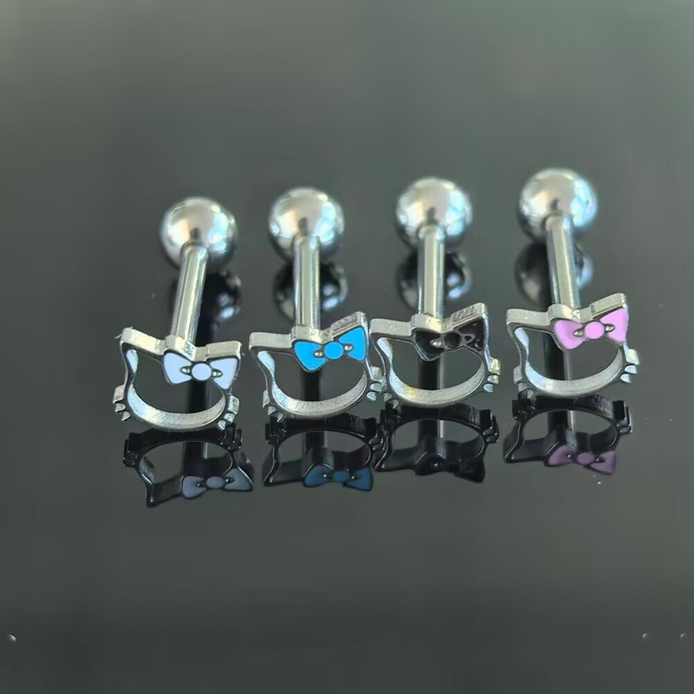 Four kitty silhouette tongue rings with white blue black and pink bows