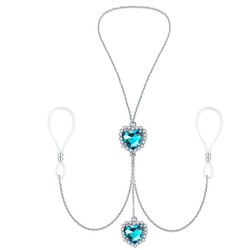 Complete Lake Blue nipple chain with two heart pendants, two adjustable silicone loops and silver-tone chains on white