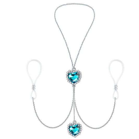 Complete Lake Blue nipple chain with two heart pendants, two adjustable silicone loops and silver-tone chains on white