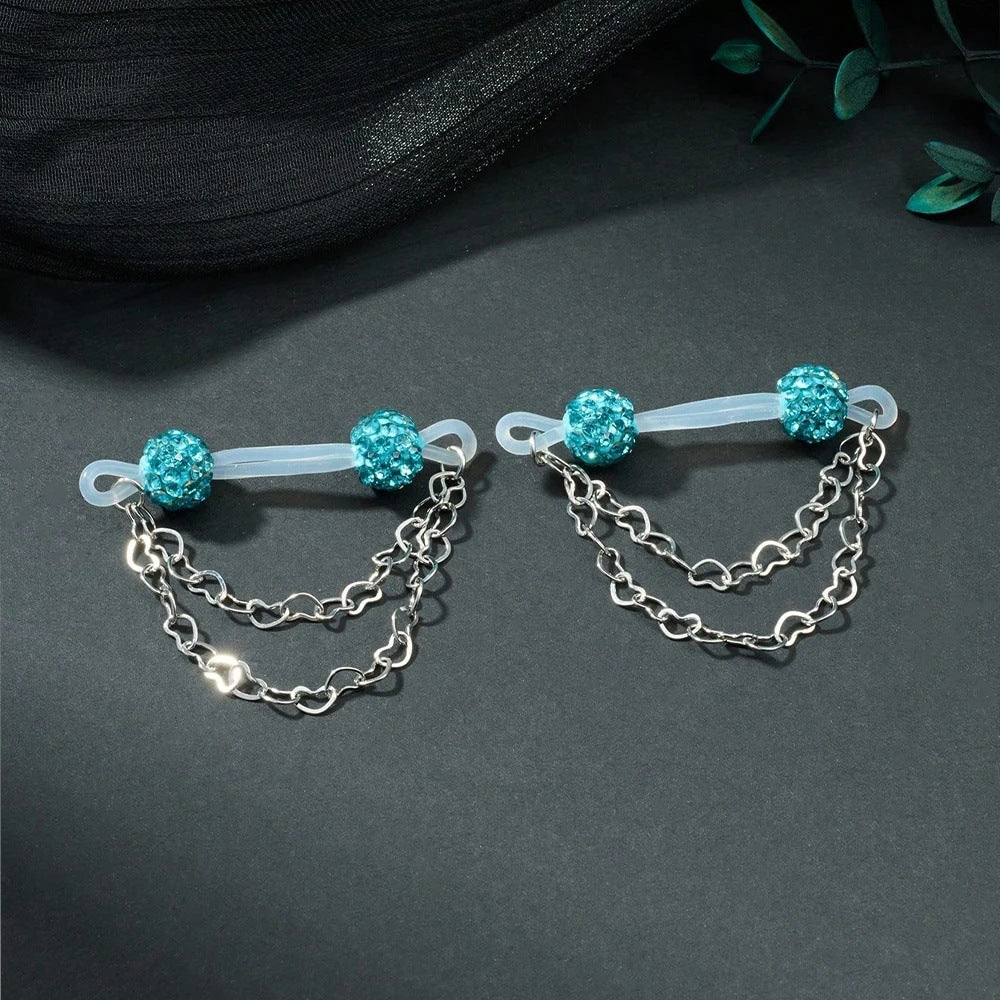 Pair of lake blue sparkling-ball non-piercing nipple jewelry with silver-tone double heart chains