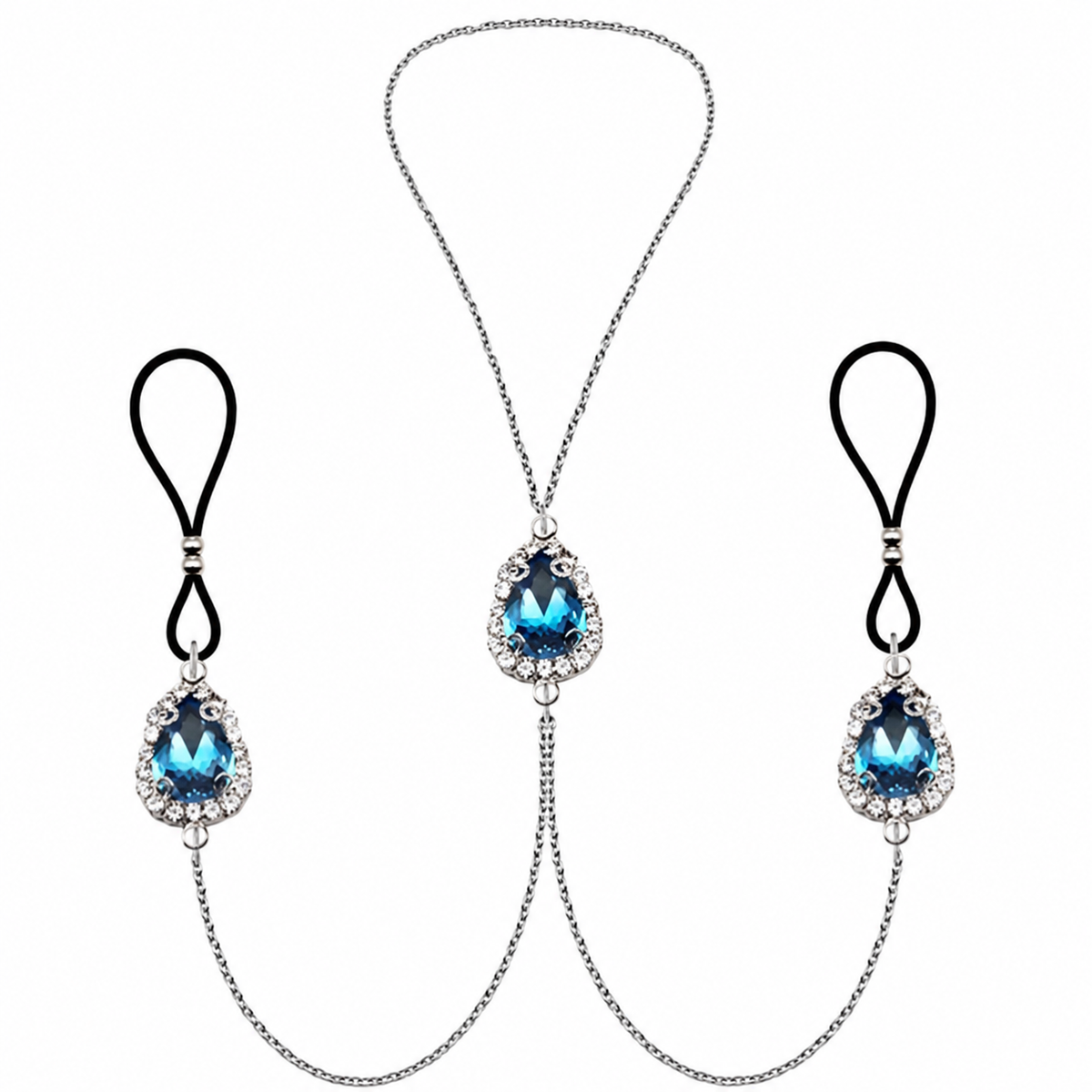 Lake Blue non-piercing nipple jewelry pair with blue teardrop pendants, black loops and connecting chains