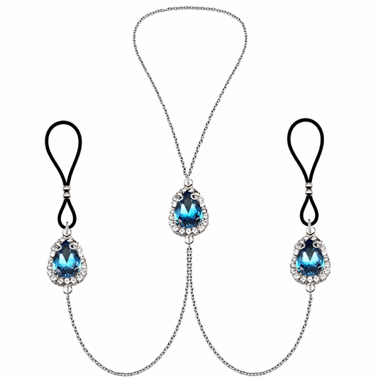 Lake Blue non-piercing nipple jewelry pair with blue teardrop pendants, black loops and connecting chains