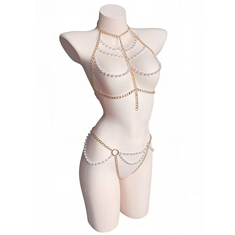 Layered gold pearl body chain set featuring a halter bra chest chain and matching waist chain on a mannequin front view.