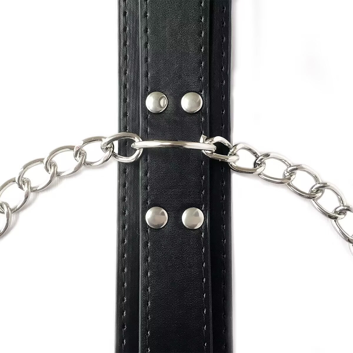 Close-up of black PU leather choker collar with silver metal rivets and a center D-ring for chain attachment.