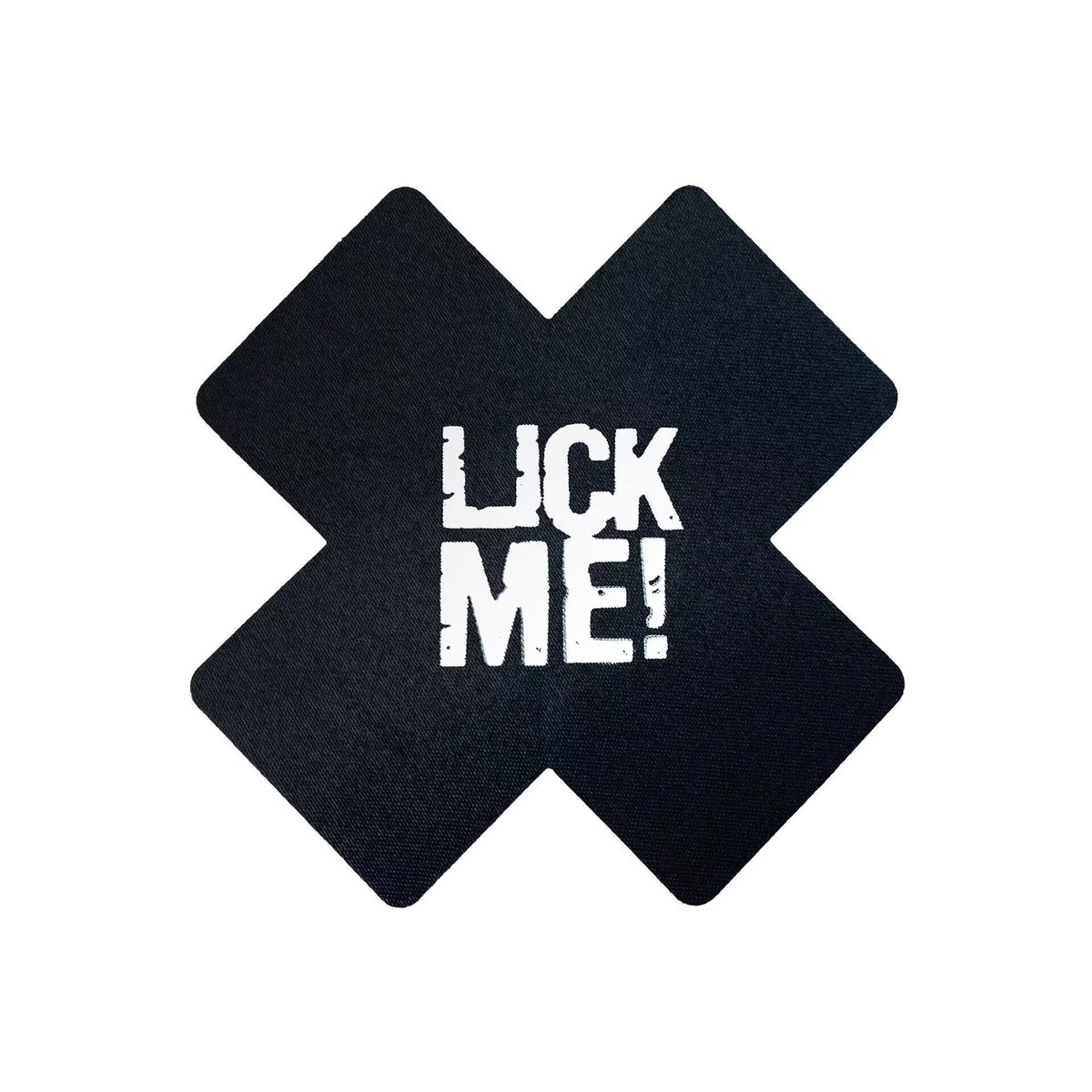 Lick Me printed black cross nipple pasties designed for festival outfits and rave wear.