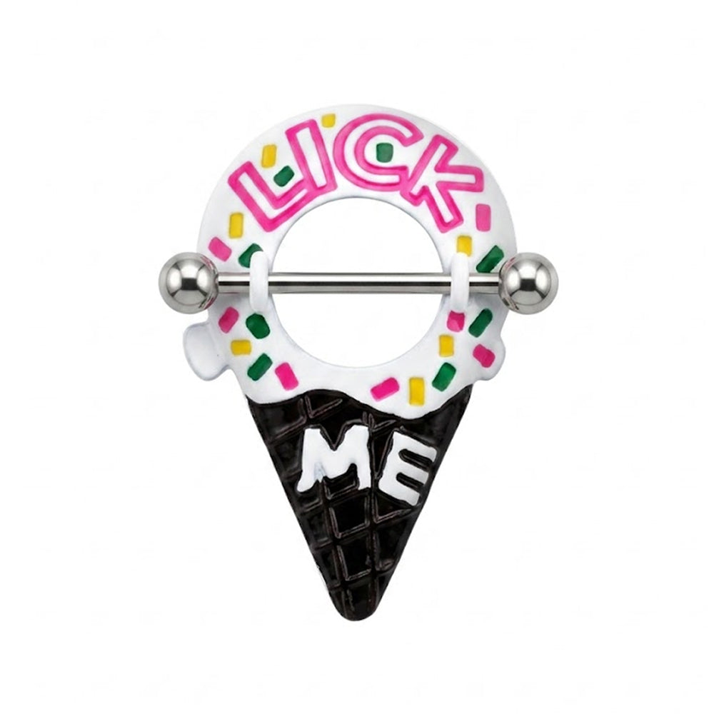 Front view of a white ice cream cone nipple shield with pink Lick Me text and sprinkles.