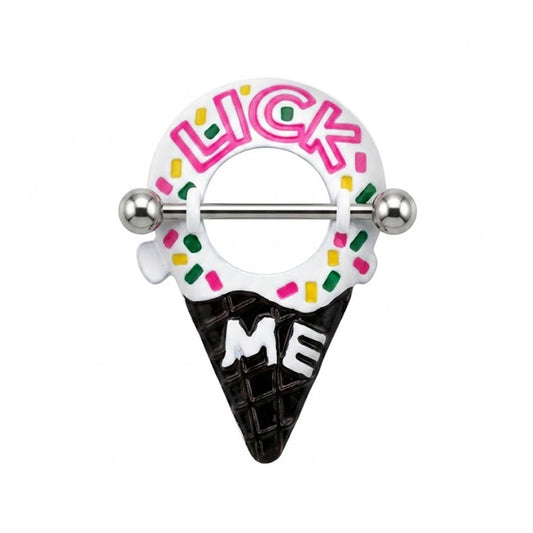Front view of a white ice cream cone nipple shield with pink Lick Me text and sprinkles.