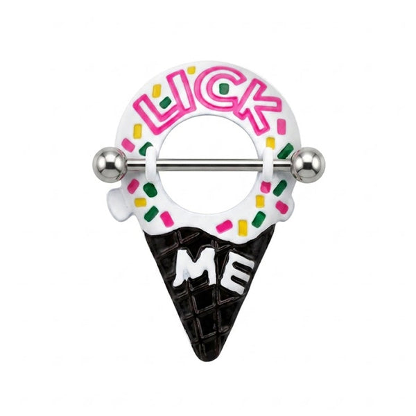Front view of a white ice cream cone nipple shield with pink Lick Me text and sprinkles.