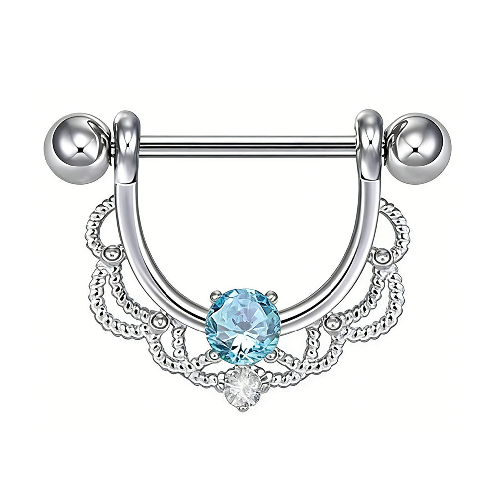 Intricate filigree nipple shield with a light blue crystal center.