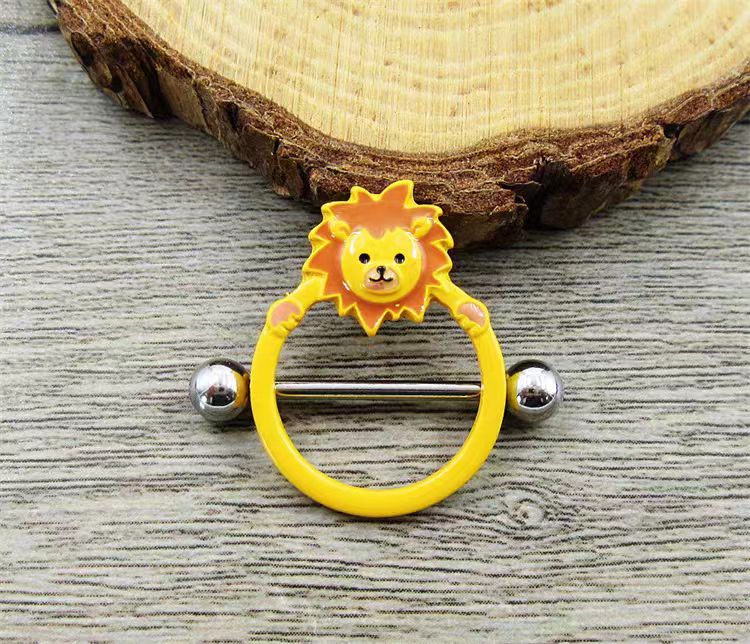 Cute Lion Nipple Ring Shield Piercing 14G Titanium Barbell Jewelry (1 Pair)
