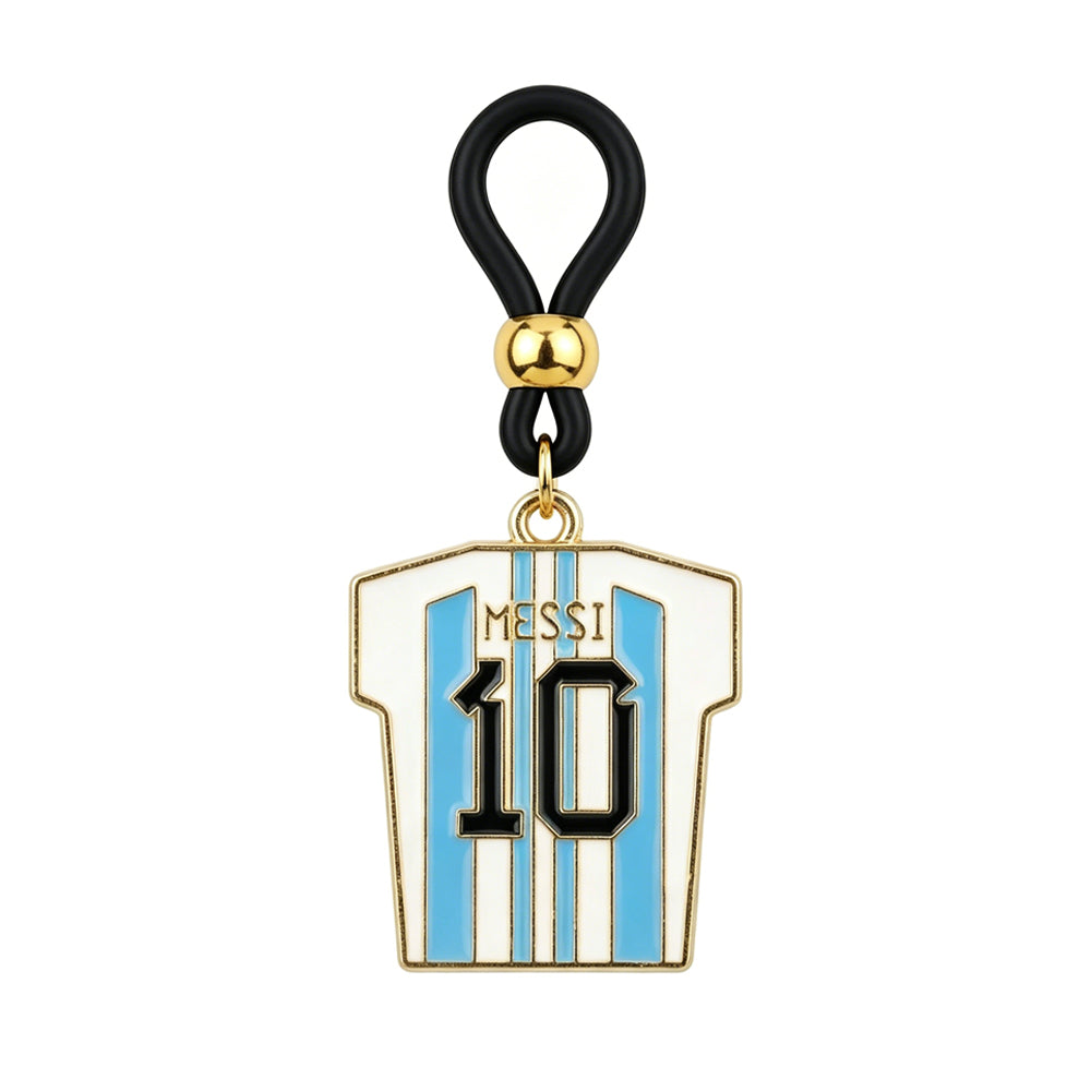Single view of the Argentina number 10 Messi soccer jersey non-pierced nipple ring with blue and white stripes on white background.