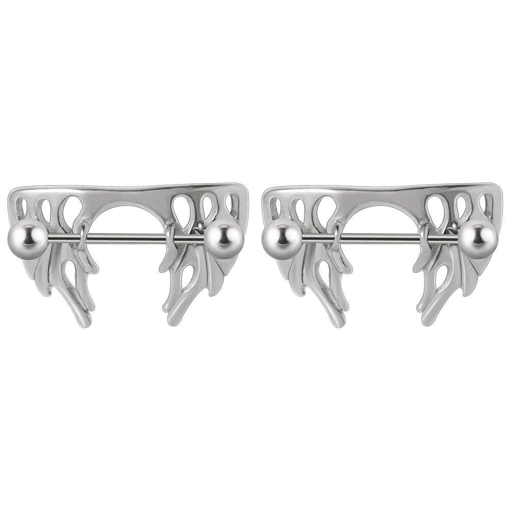 A pair of silver-tone liquid metal flame design nipple shields with barbells on a white background.