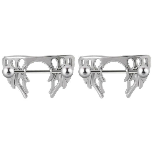 A pair of silver-tone liquid metal flame design nipple shields with barbells on a white background.