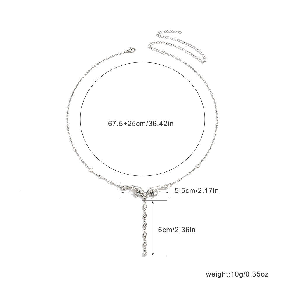 Size chart diagram showing 67.5cm main chain, 25cm extension, 5.5cm center motif, and 6cm dangle drop dimensions