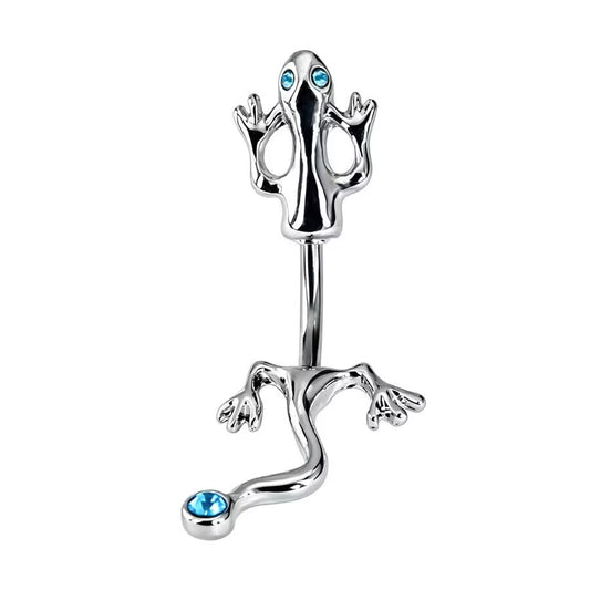 Front view of a silver lizard belly button ring with blue crystal eyes and curved gecko tail 14G.