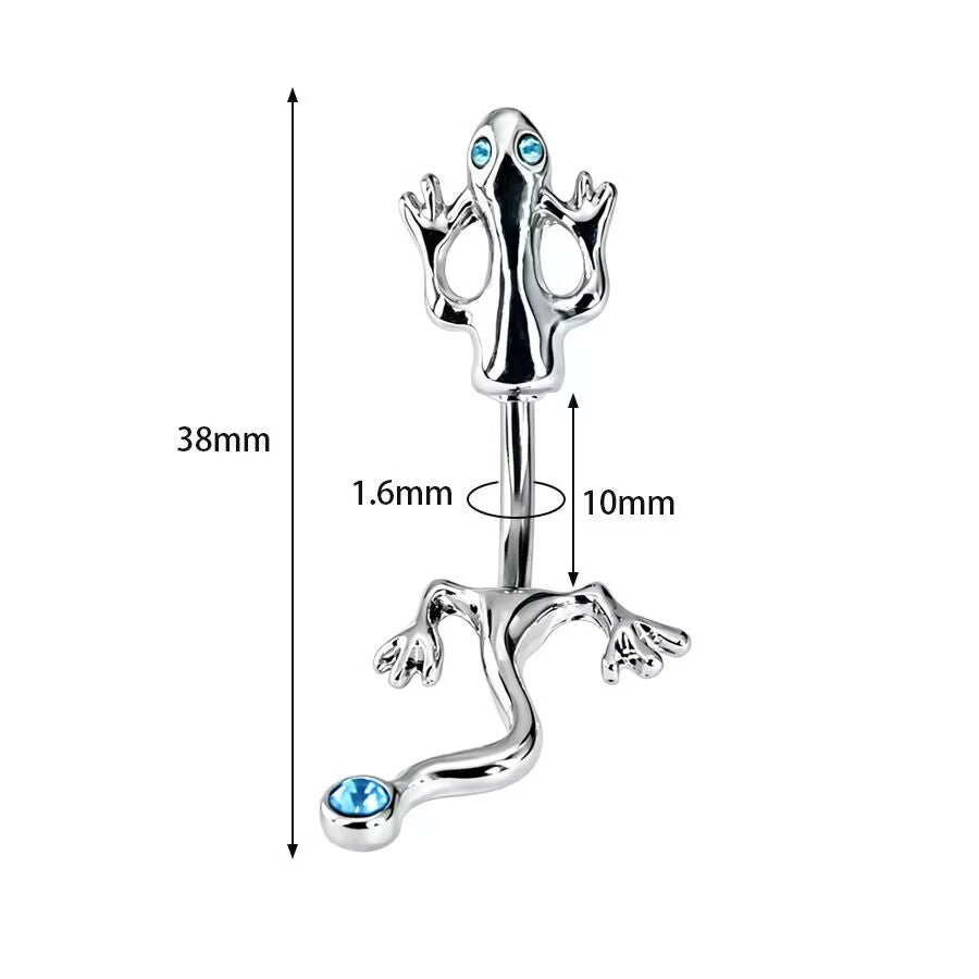 Size guide for gecko belly ring showing 1.6mm 14G thickness, 10mm bar length, and 38mm total length.