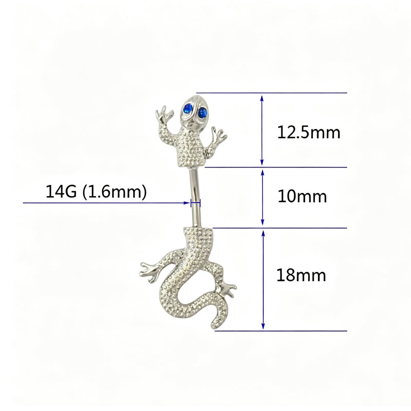Dimension guide for lizard navel ring showing 14G 1.6mm gauge, 10mm bar length, 12.5mm top and 18mm bottom pieces.