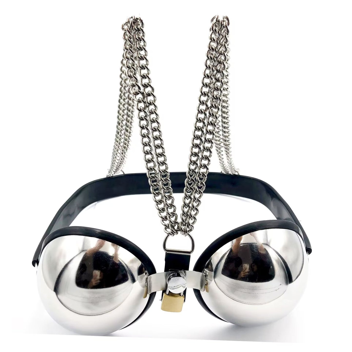 Front view of a mirror-polished lockable metal chastity bra with multi-strand chain shoulder straps and black protective rubber trim, featuring a brass padlock at the center.