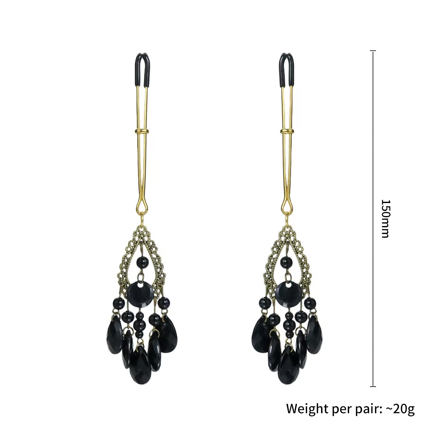 Extra long gold slide tension fake nipple rings with protective rubber tips and black dangles, 150mm length.