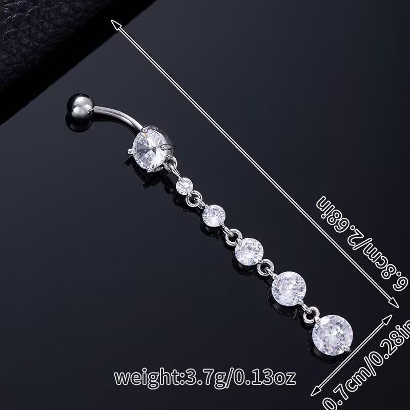 Product size specification for round CZ dangle navel ring with 6.8cm length measurement.