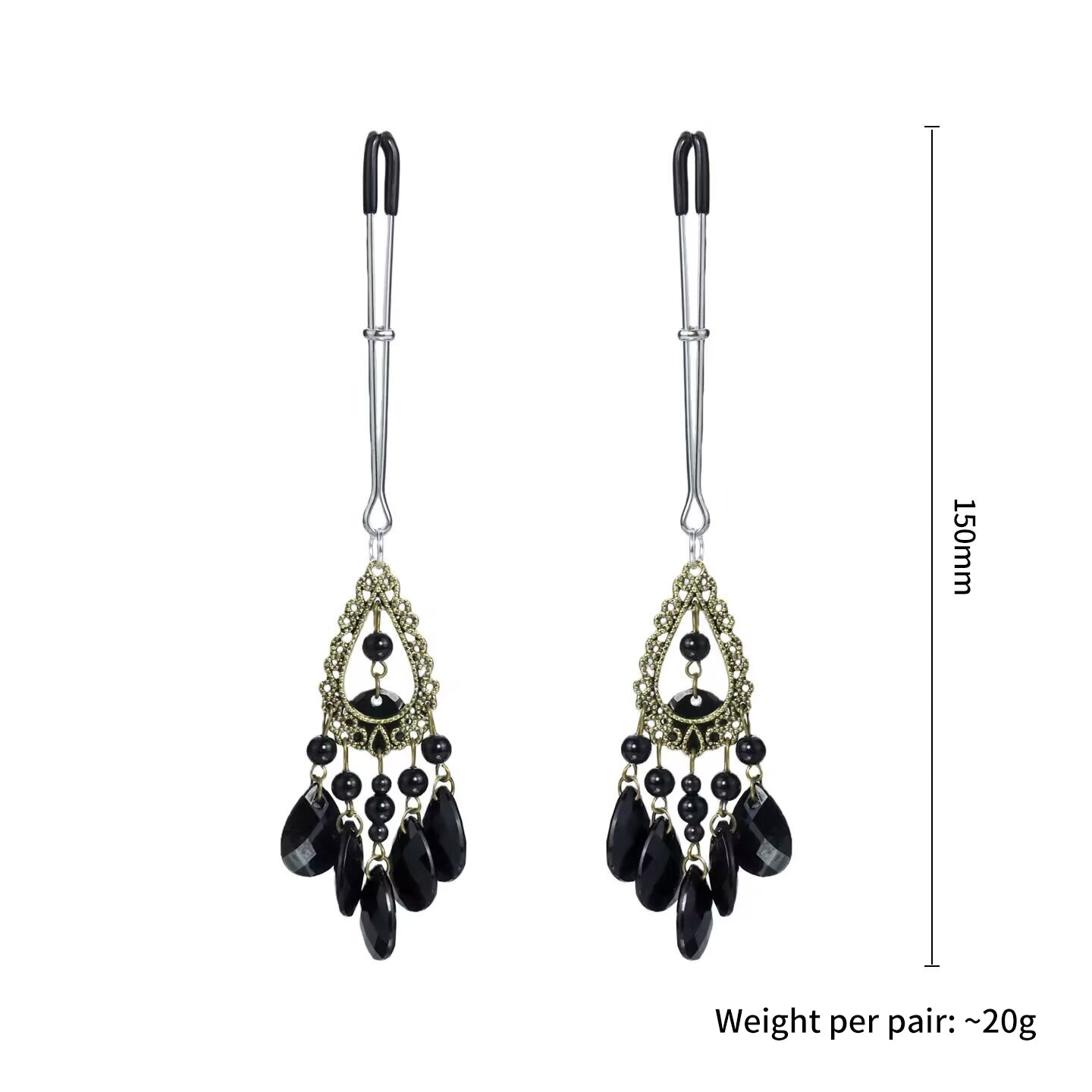 Extra long silver slide tension non-pierced nipple jewelry measuring 150mm with black teardrop crystals.