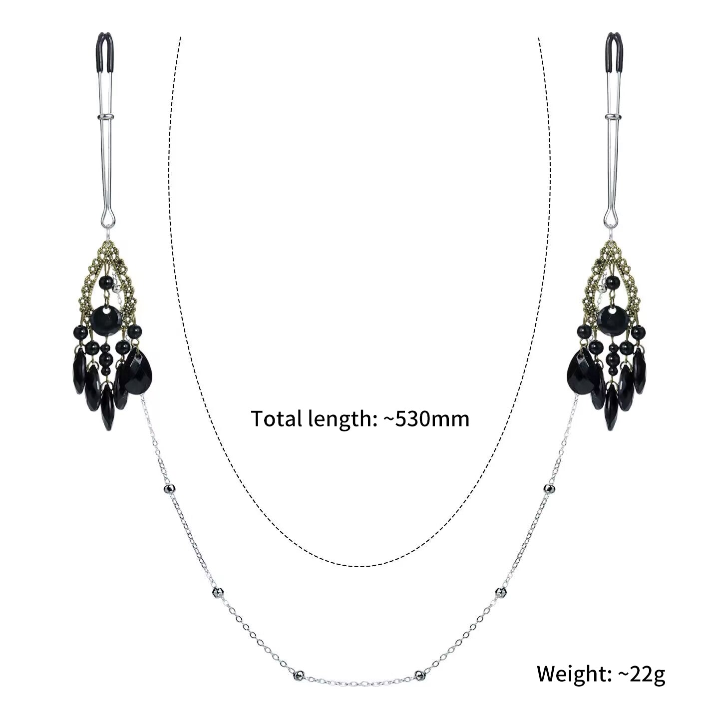 Silver long U clamp non pierced body chain set with ornate black jewel chandelier drops.