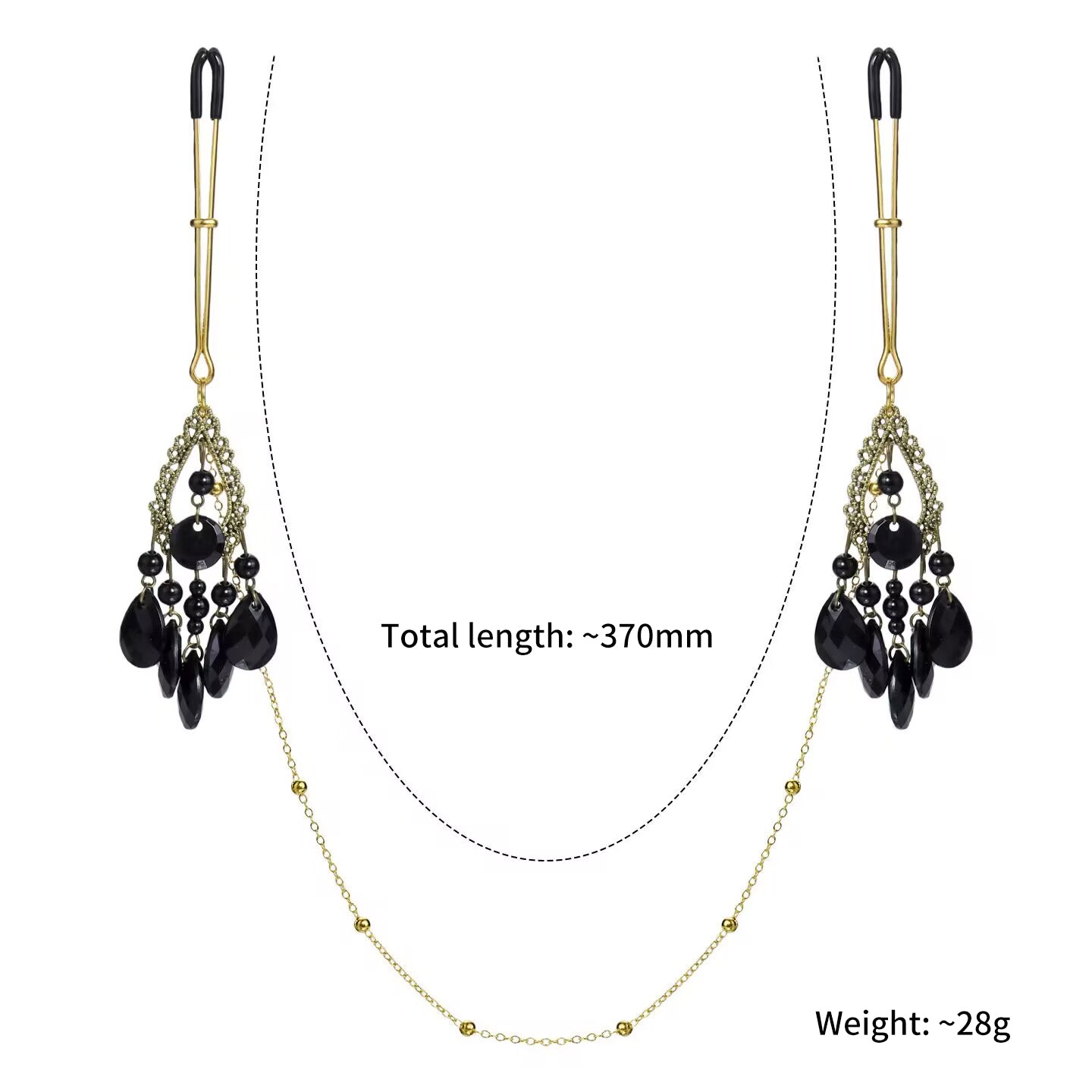 Gold long U shape nipple clamp body chain with dark crystal chandelier tassels and continuous link chain.