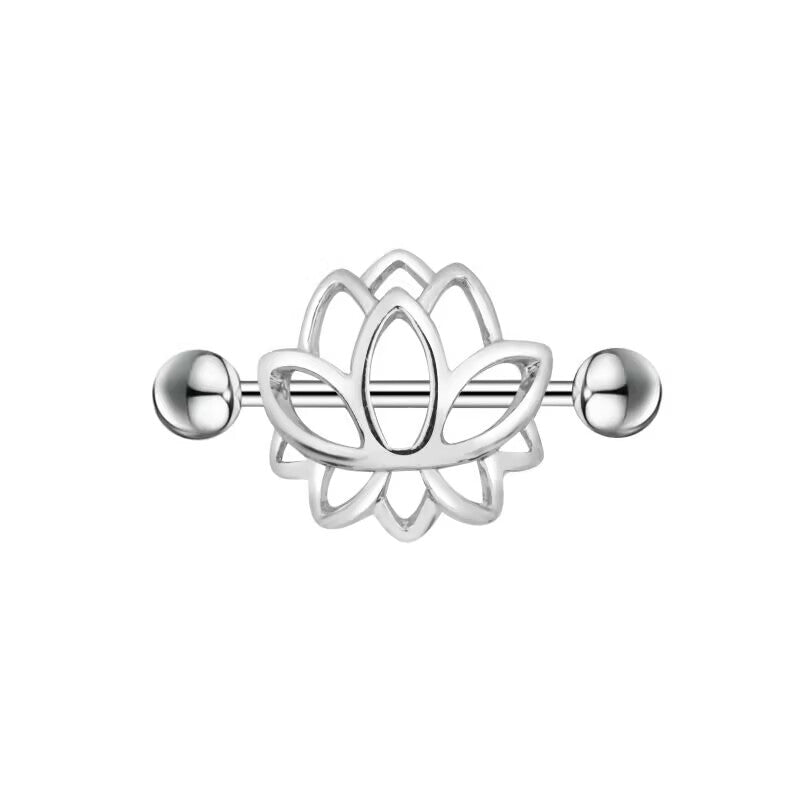 A symmetrical silver-toned lotus flower nipple shield piercing on a white background.