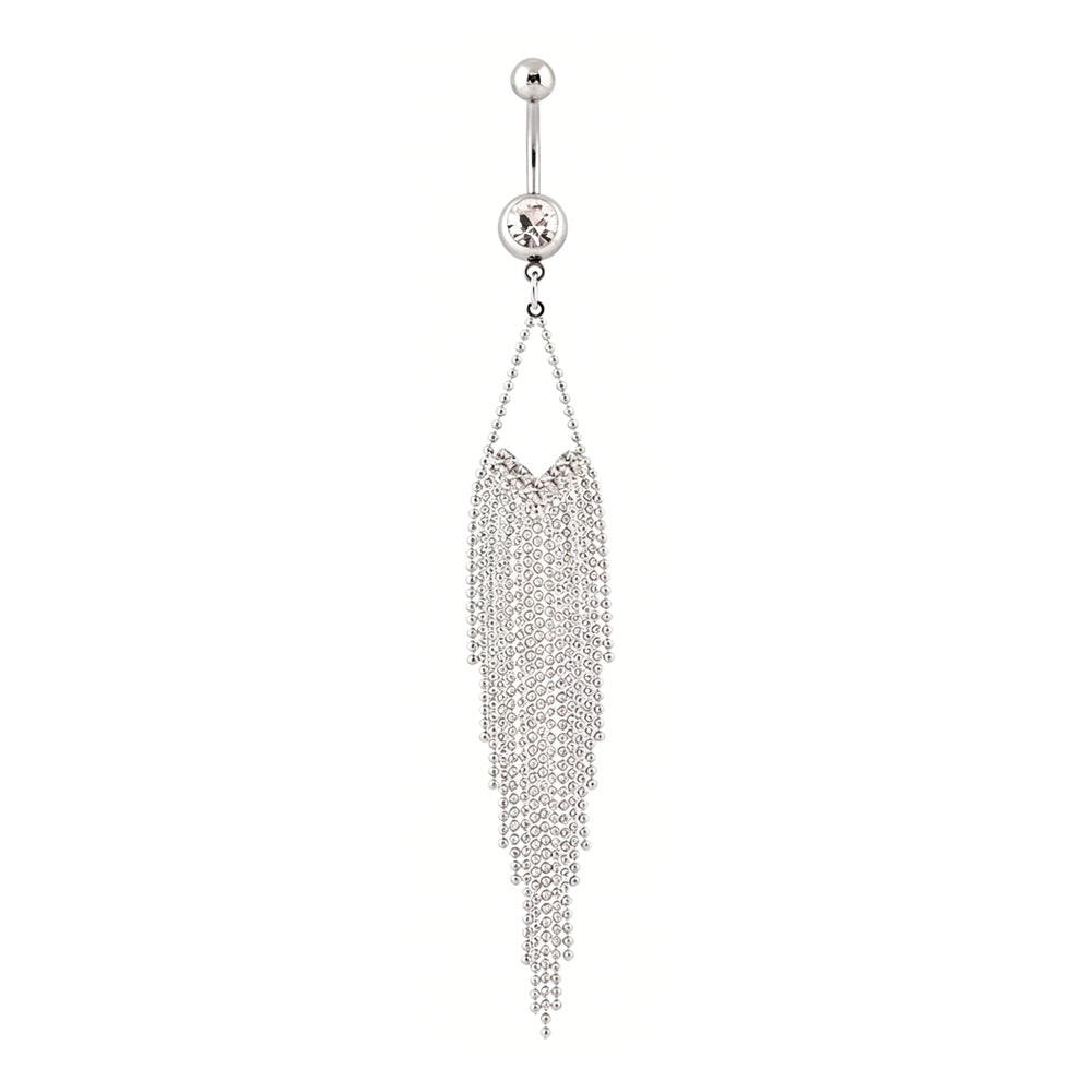 Front view of a minimalist white background shot of a silver chandelier belly button ring with shimmering clear cubic zirconia and sweeping ball chains.