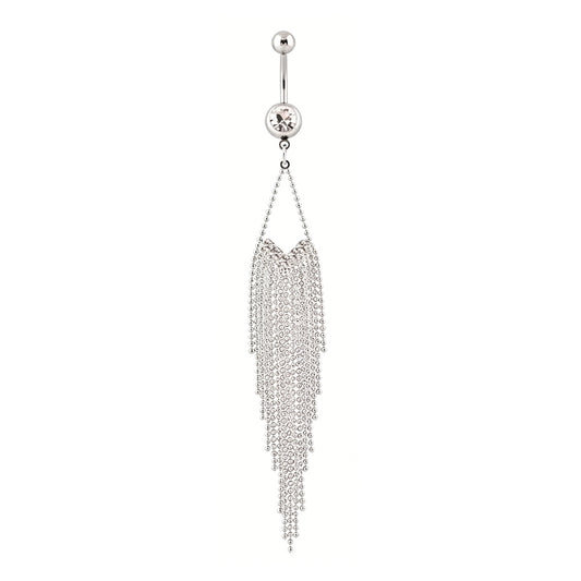 Front view of a minimalist white background shot of a silver chandelier belly button ring with shimmering clear cubic zirconia and sweeping ball chains.