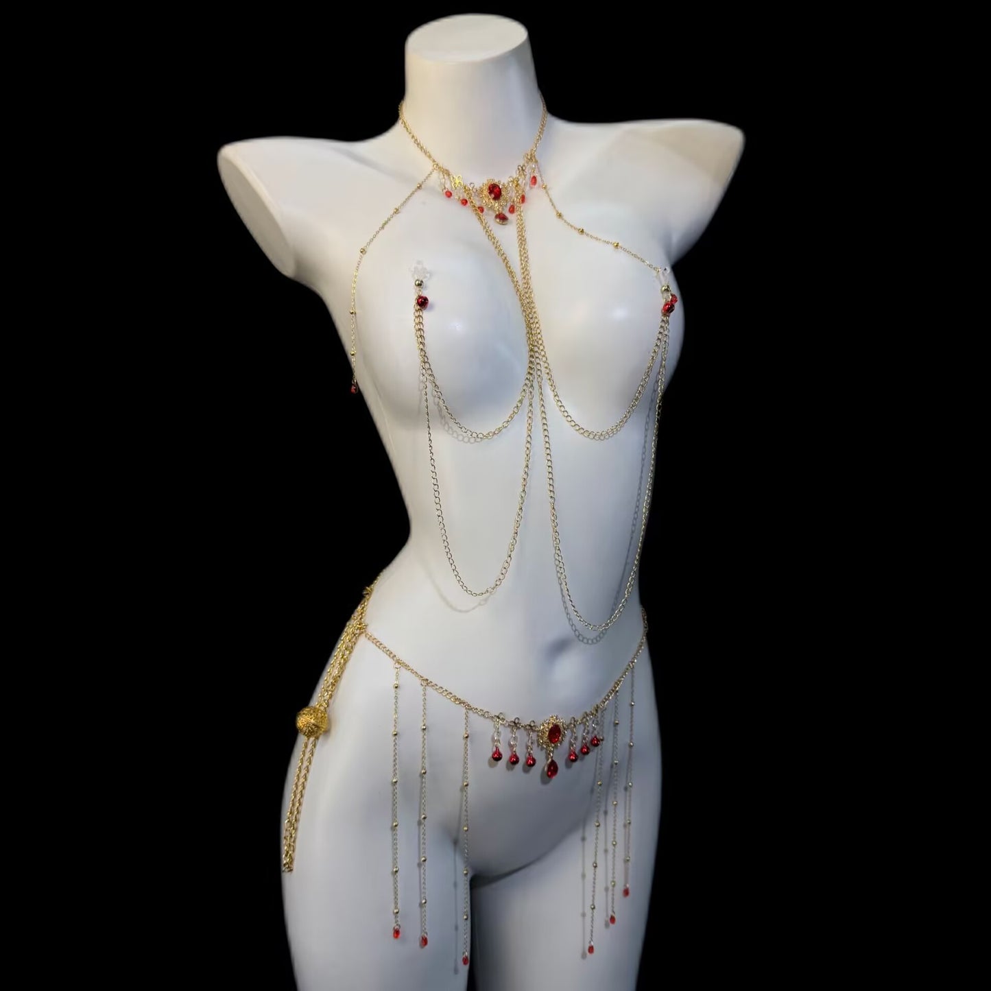 Side view of the fixed connected erotic body jewelry set on a white mannequin showing the 60-90cm waist chain fit.