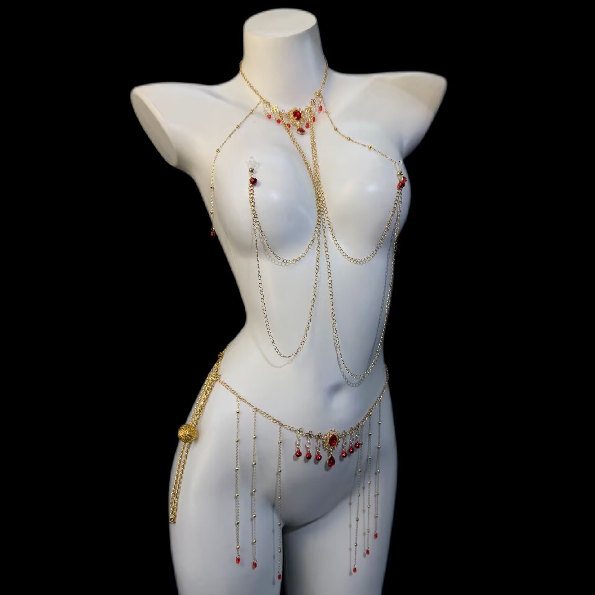 Side view of the fixed connected erotic body jewelry set on a white mannequin showing the 60-90cm waist chain fit.