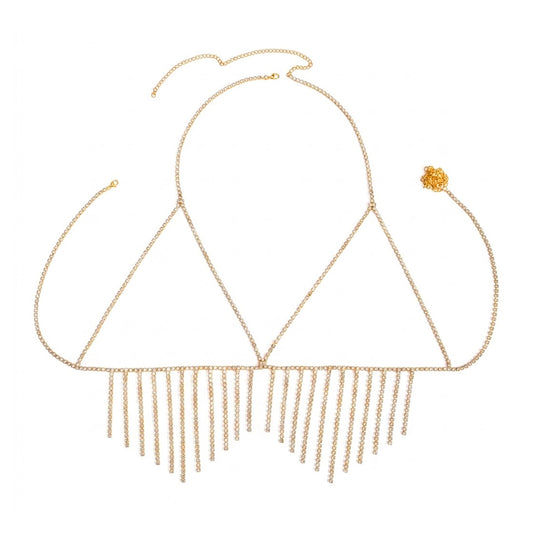 Front view of a luxury gold rhinestone tassel body chain laid flat on a pure white background, showcasing the halter design and cascading crystal fringe details.